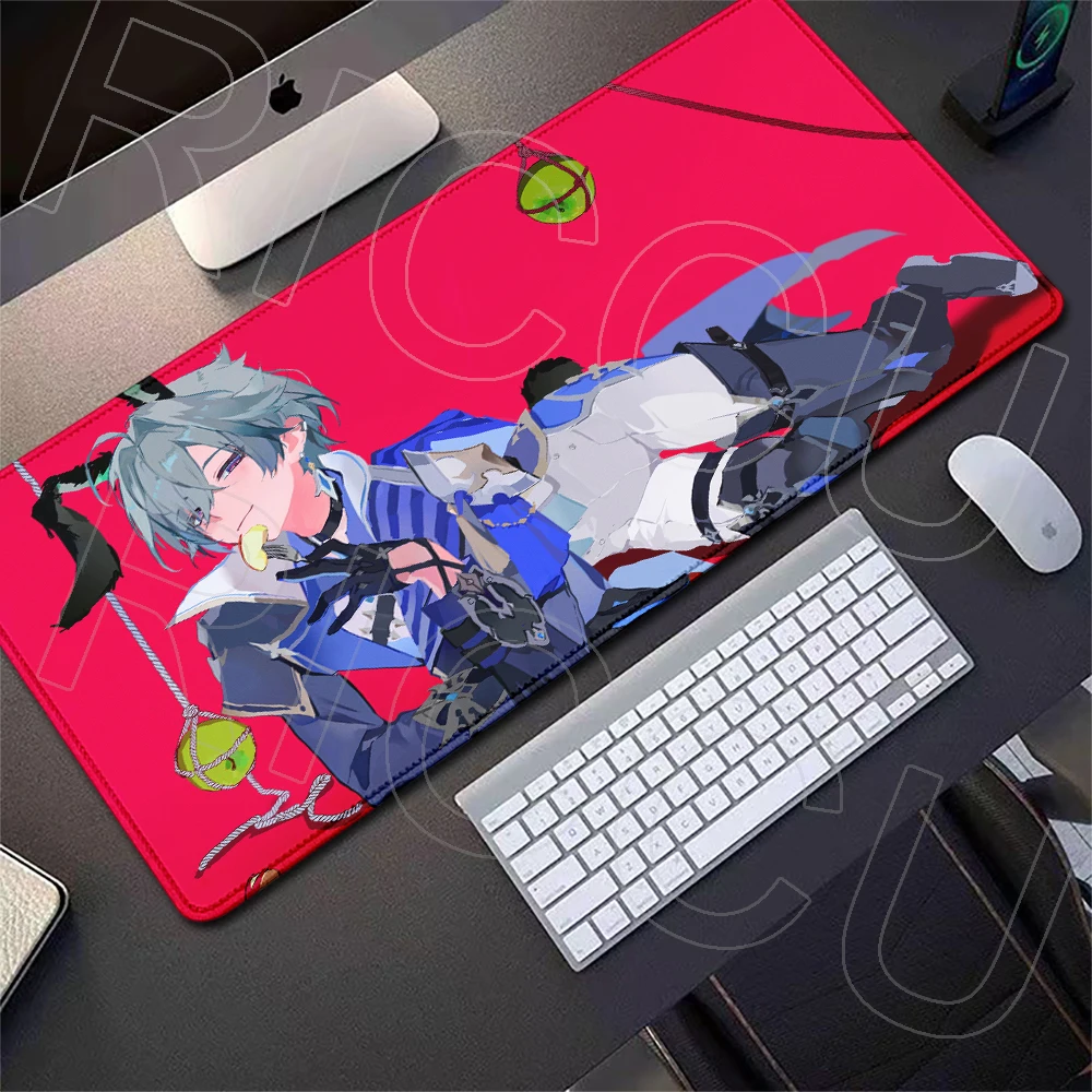 Großes Anime-Spiel Genshin Impact Lohen Mauspad, rutschfeste Gummibasis, verriegelter Rand, waschbar, schnell gleitende Schreibtischunterlage, Tastatur-Mauspad – Detail 9
