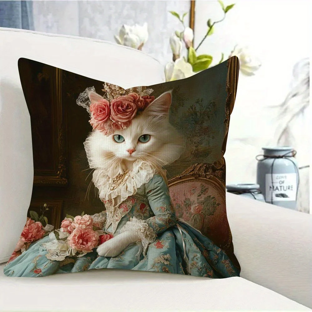 1pc Baroque Style Royal Cat Pillow Cover, Polyester 2D Double-Sided Print, Whimsical Victorian Cat Portrait, Luxury Vintage Home