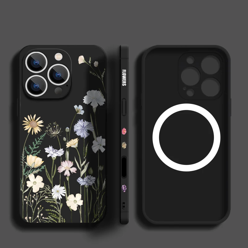 

Flowers Patterned Soft TPU Magnetic Case For iPhone 16e 16 15 14 13 Pro 13 12 14 Pro Max 11 Magsafe Silicone Lanyard Phone Cover