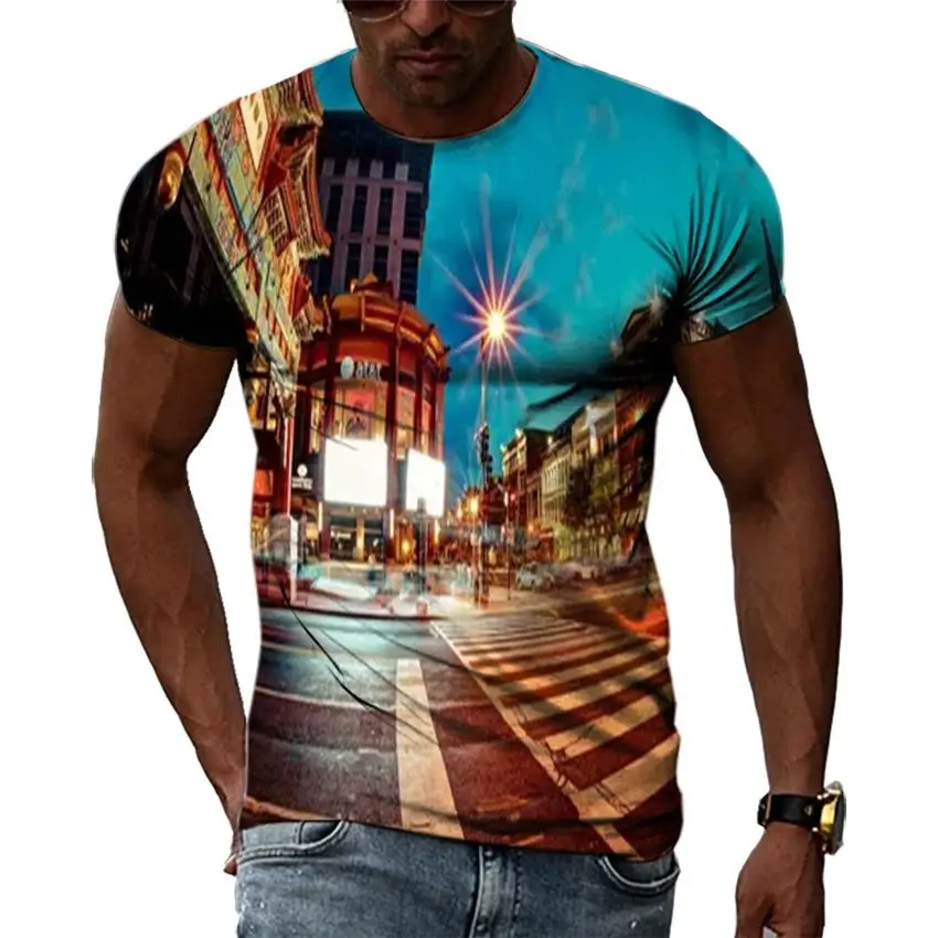 New Summer Men Street Night Scene Fashion Personality 3d Printed Pattern T-Shirt Casual Trend Large Size O Collar Short Sleeve