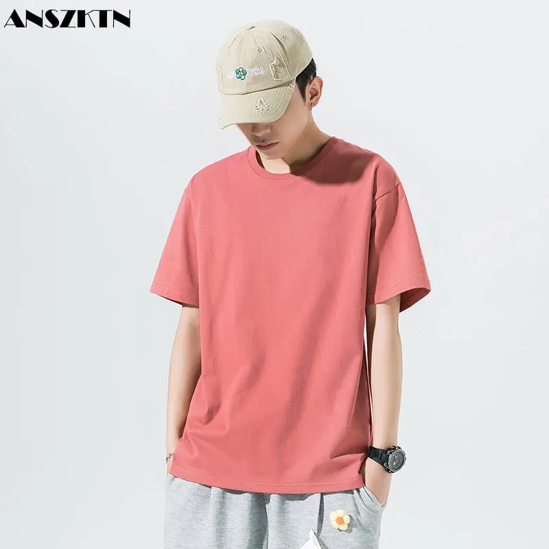 ANSZKTN Loose pure cotton half sleeve men's small off shoulder combed cotton 200g plus size 12 color data model short sleeve T-s