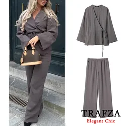 TRAFZA Women's 2-piece Retro Textured Double-breasted Kimono Style Coat + Elastic Waist Pockets And Pajama Style Loose Trousers