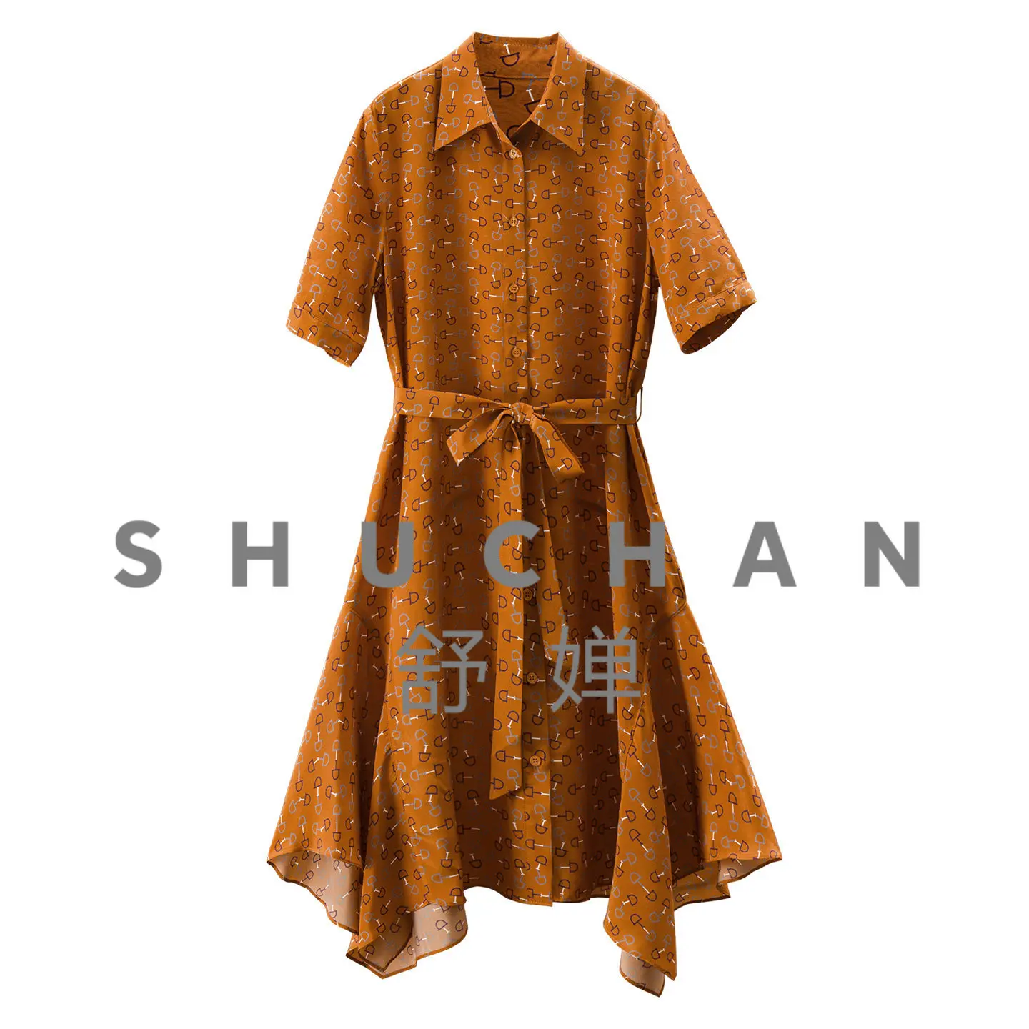 

Elegant Irregular Natural Silk Crepe Printed Waist Shirt Dress Women's 39L0 Summer Dress Women 2026