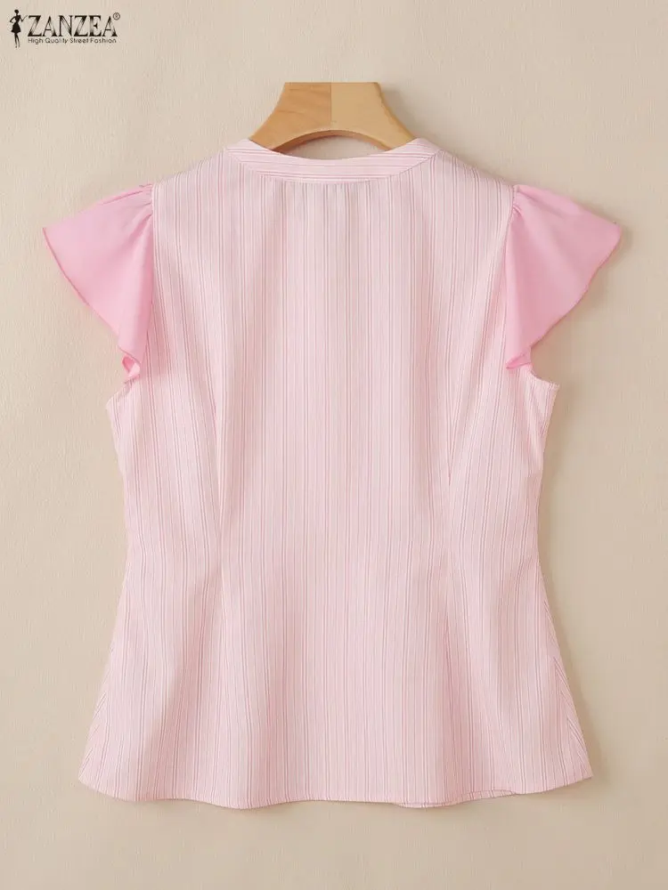 ZANZEA Elegante Shirts Büro Frauen Bluse Sommer Kurze Rüschen Ärmel Blusas Stilvolle V-ausschnitt Streifen Tunika Tops Weibliche Chemise