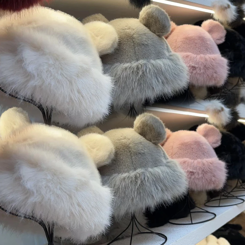 Nette Frauen Einfarbig Plüsch Hüte Warme Herbst Winter Koreanische Kleine Bär Ohren Nette Mongolischen Kappe Winddicht Ohr Schutz Bonnets