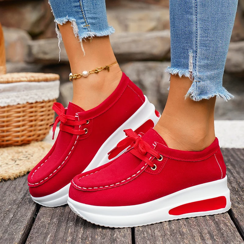 

Red Chunky Platform Sneakers Women Comfortable Non Slip Thick Sole Casual Shoes Woman Plus Size 43 Lace Up Sport Shoes Female