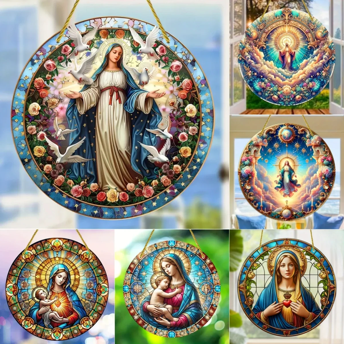 Attrape-soleil de Religion chrétienne Mary, fenêtre tachée translucide suspendue, signe rond en acrylique, porche, mur, maison, chambre, café, décor de vacances