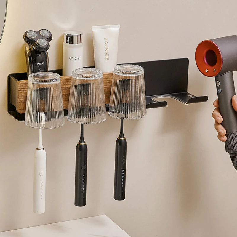 Electric Toothbrush And Hair Dryer Shelf-Toilet Walnut Bracket Drill-Free Mouthwash Cup And Dental Brush Holder