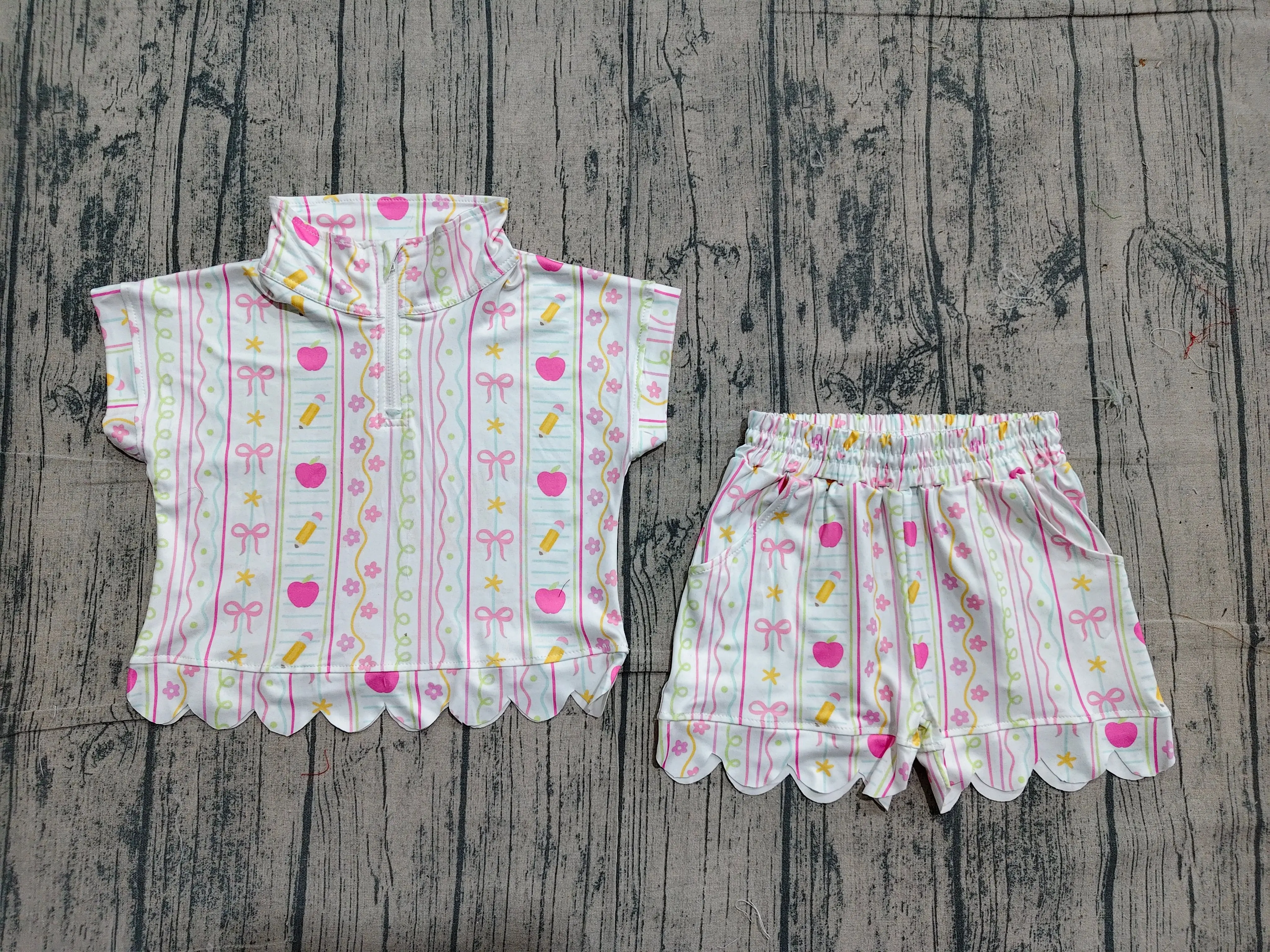 Wholesale Children Back to School Toddler Kids Sets Baby Girl Short Sleeves Bows Zipper Tunic Scalloped Shorts Outfits Clothing