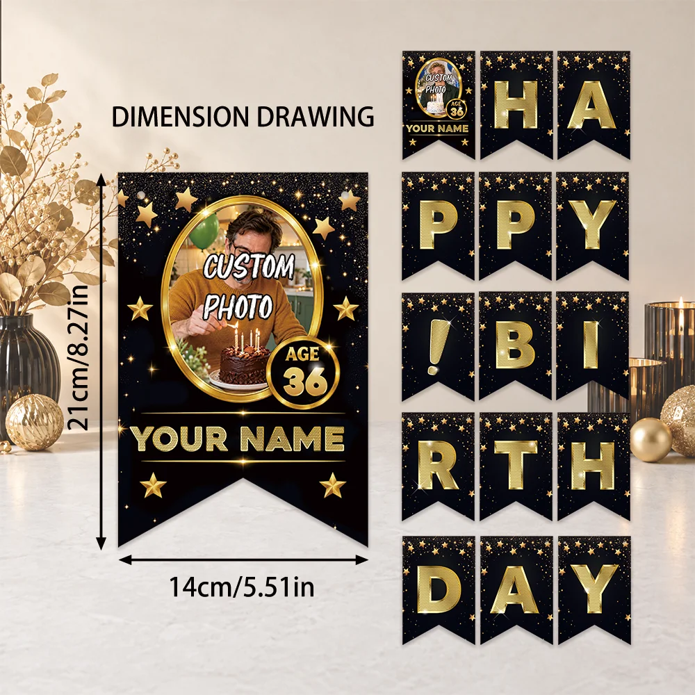 16pcs, Custom Happy Birthday Banner, Black Gold Photo Bunting, Personalized Name and Age Party Decor, Swallowtail Flags