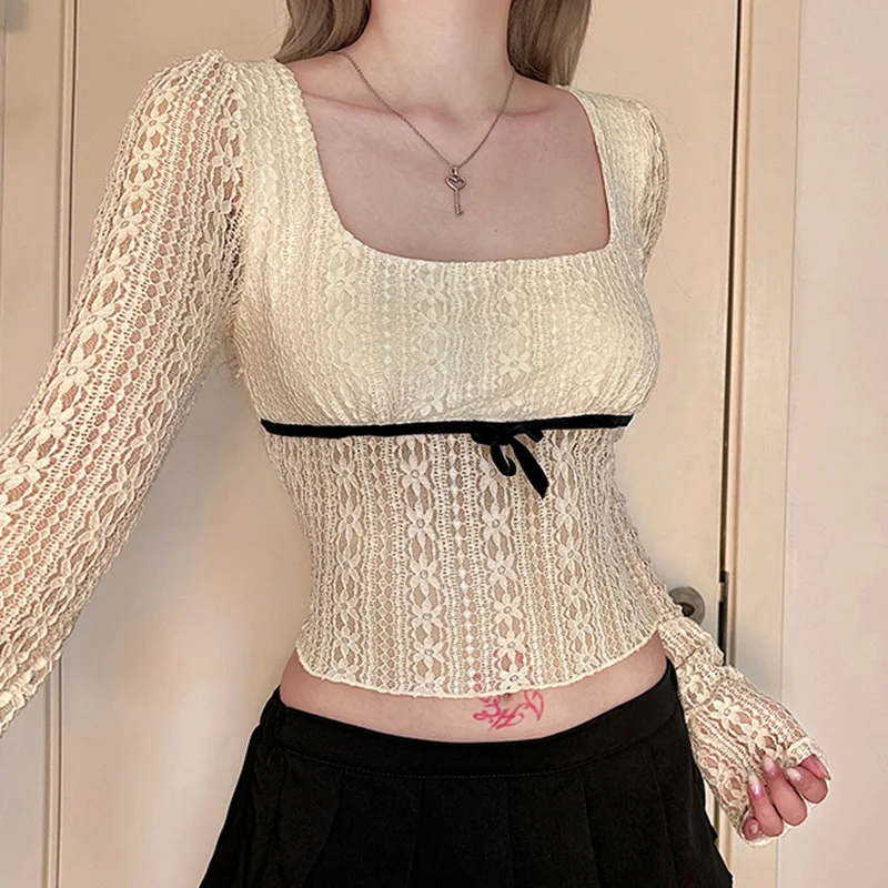 

European and American New Women's Square Collar Lace Top Sexy See Through Thin Slim Fit Fashionable Long Sleeved T-shirt