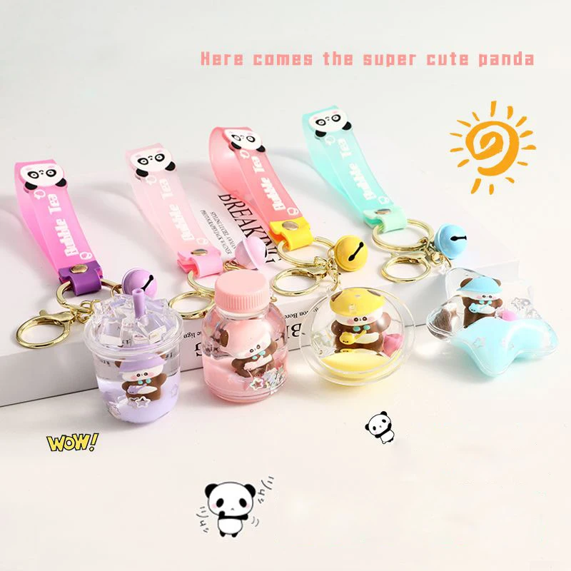 Creative Oil Panda Floating Bottle Iceberg Cup Key Chain Pendant Cute five-pointed Star Sequins Ice Quicksand Beverage Keychain