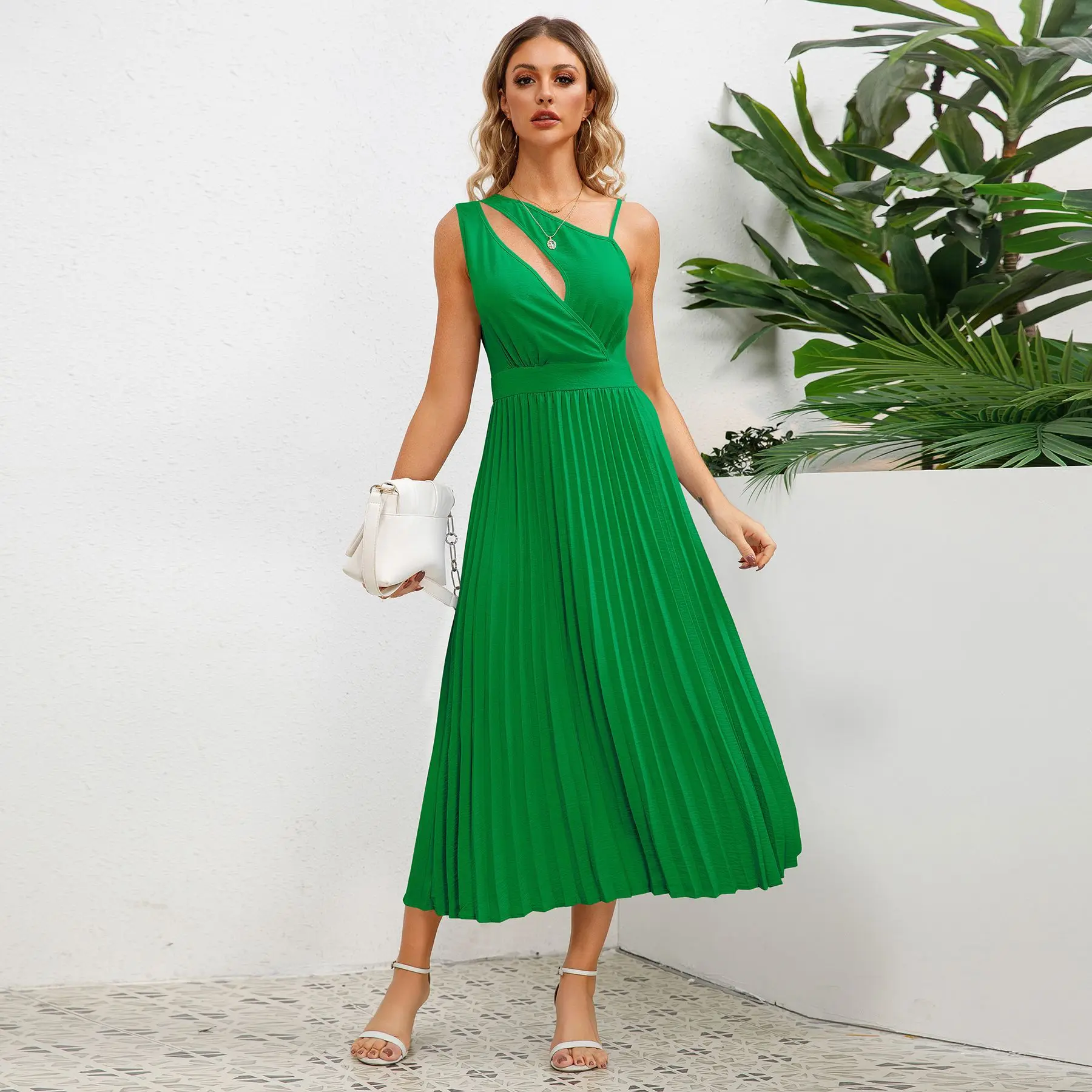 

2024 Women's New Oblique Shoulder Strap Waist Dress Sexy Slim Mid-length Pleated Solid Color A-line And Calf Skirt