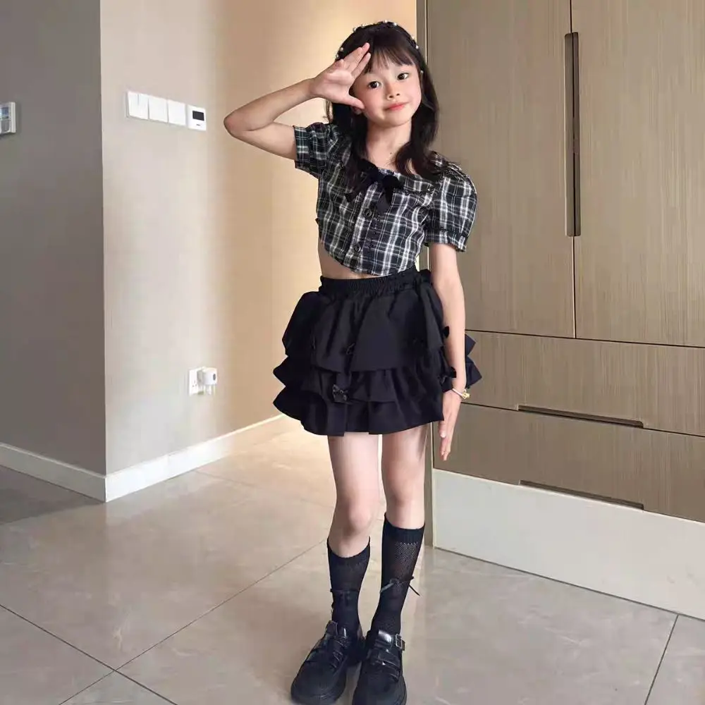 

Cake Dress Sweet Girls Wear Suit Short Sleeve Teens T-shirt Plaid Skirt Set Party Preppy Style Costume Children Summer Clothes