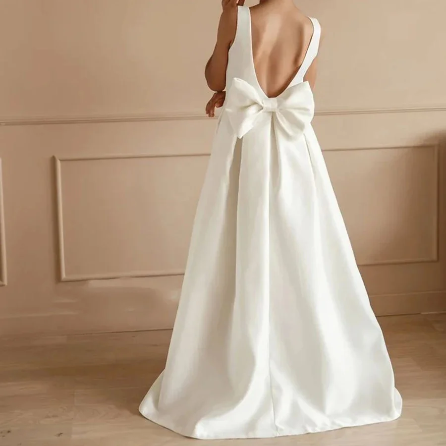 Einfaches Satin Blumen mädchen Kleid für Hochzeit V-Rücken ärmel los rücken frei mit Bogen Kinder Geburtstag Abschluss ball Erstkommunion Ballkleider