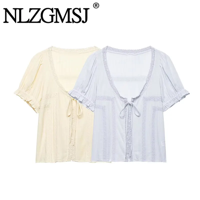 

Nlzgmsj 2026 Spring Summer Vintage Fashion Embroidery Crop Top And Lace Decoration Woman Shirts