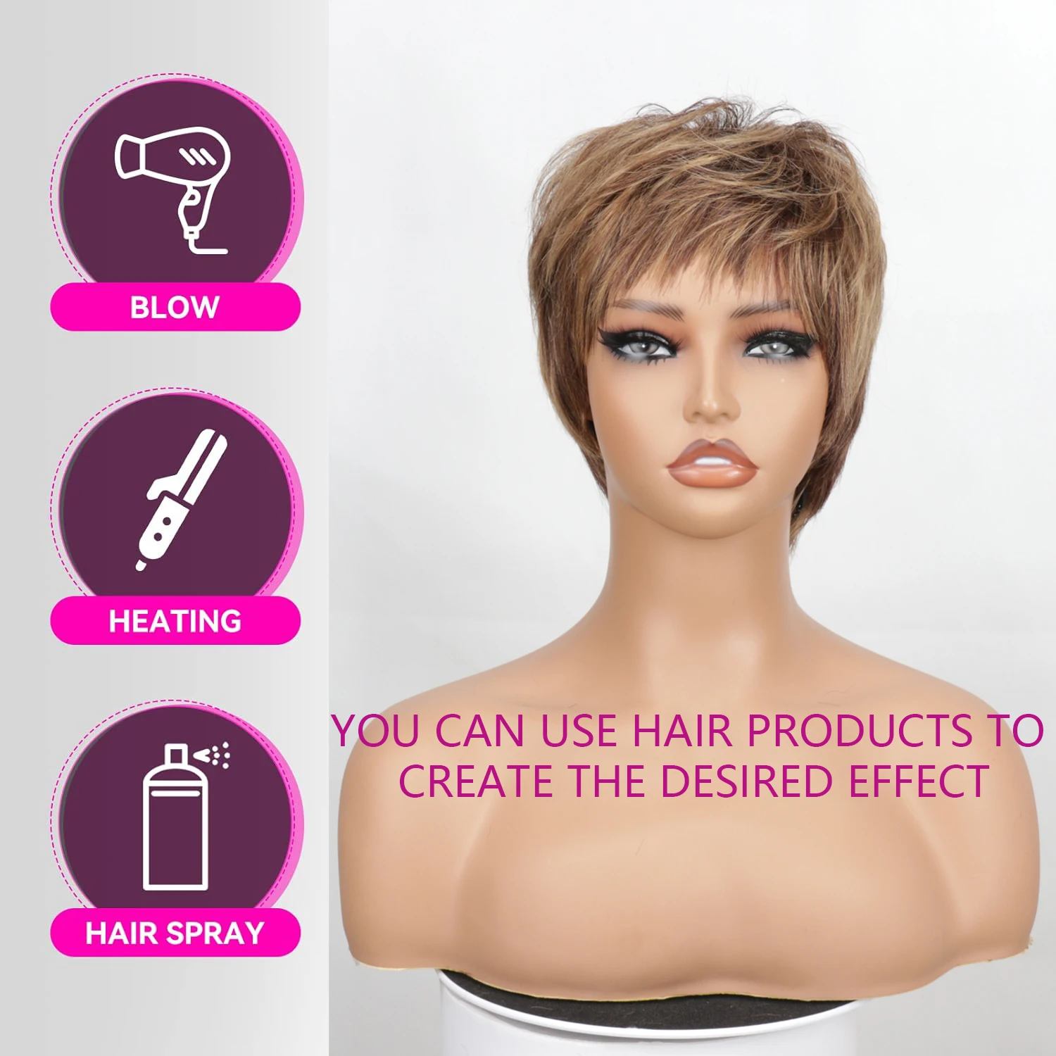 Short Pixie Cut Wigs Full Machine Made Wig With Bangs Wavy Ready To Wear Wigs Straight Glueless Remy Human Hair Wigs For Women