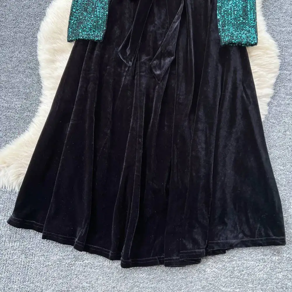 أنيقة خمر الترتر القطيفة طويلة الأكمام أنيقة الجنية الكورية أزياء الخريف فستان الشمس النساء الملابس