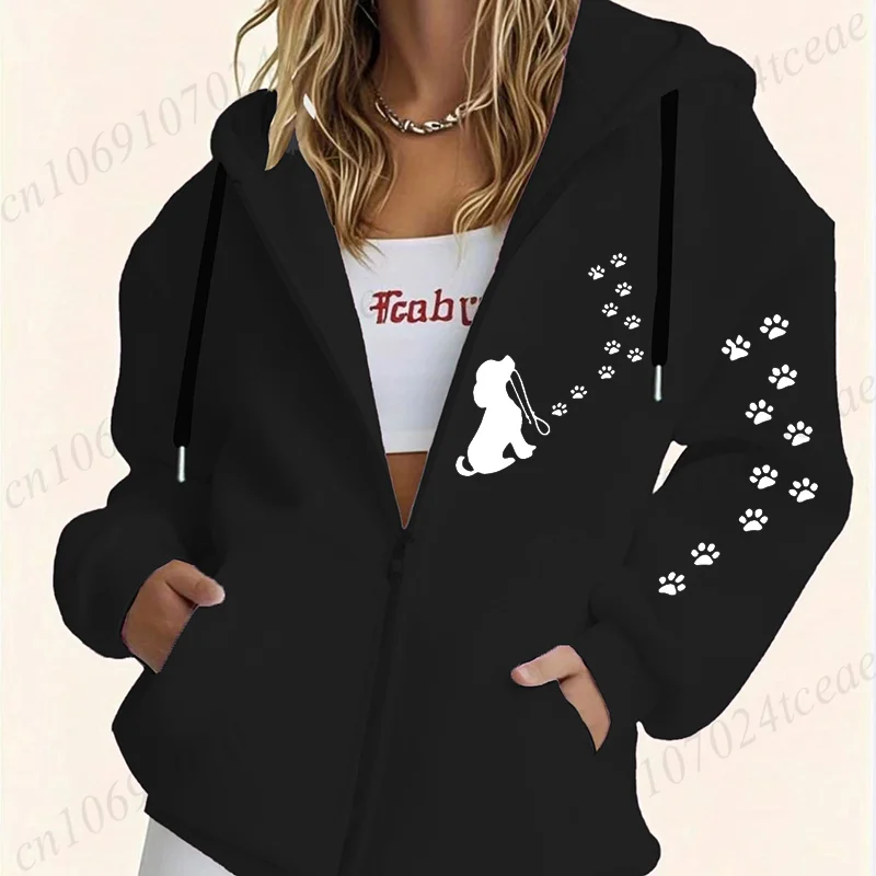 سترة رياضية عصرية غير رسمية بسحاب هيب هوب باللون الأسود سترة نسائية بغطاء للرأس مطبوعة على شكل قطة ومخلب ملابس نسائية هاراجوكو ملابس الشارع