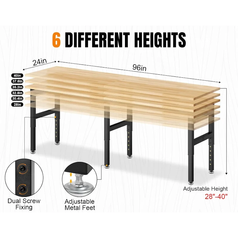 96”Adjustable Work Bench, 5000 LBS Capacity Heavy Duty Workbench with Power Outlet & Pegboard, Rubber Wood Work Table