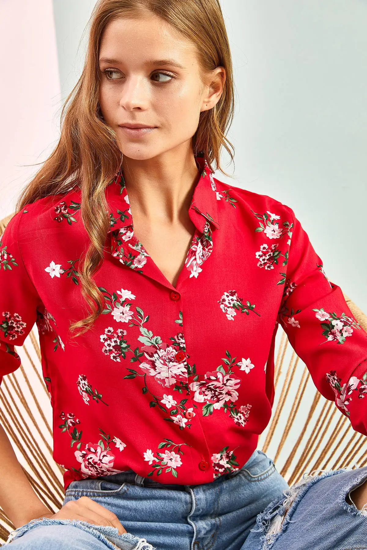 Women's Sleeve Fold Forest Picture Linen Shirt - 735