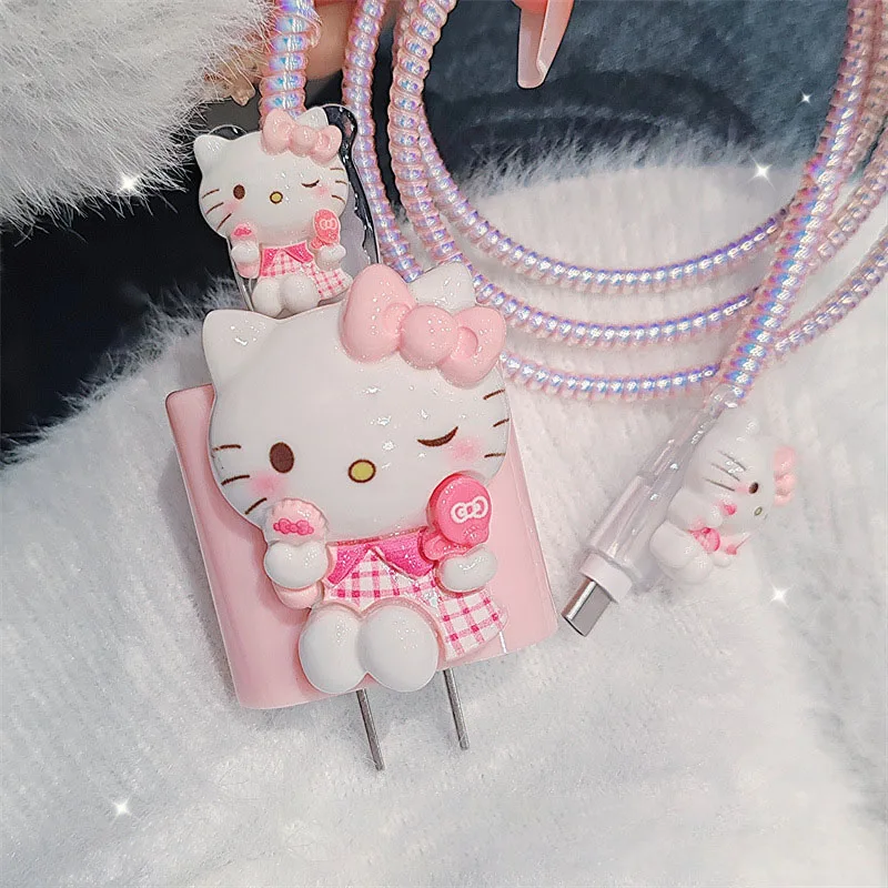 4pcs/set Sanrio Hello Kitty Data Cable Protective Case 20W for Iphone 15 14 Kawaii Cartoon Anti-fracture Charger Protective Case