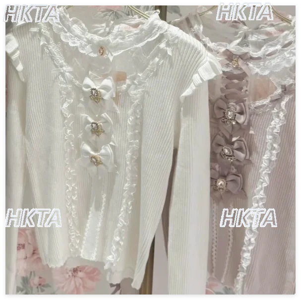 اليابانية لطيف الحلو القوس الأسود ليز سترة البلوز لوليتا الفتيات 2025 الخريف جديد الدانتيل المرقعة التخسيس محبوك البلوزات