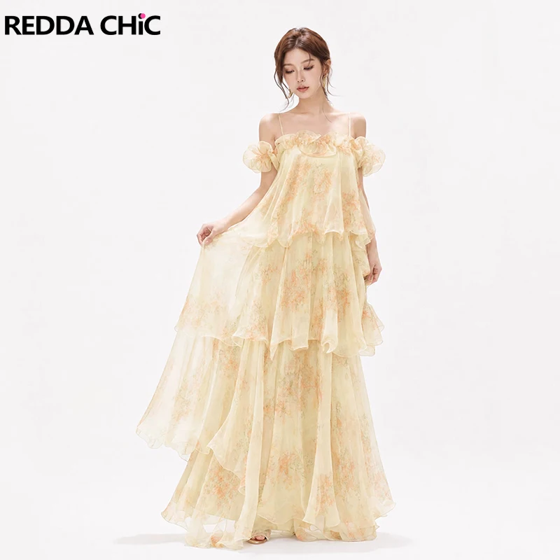 

REDDACHiC Fairycore Floral Summer Dress Beach Chiffon Spaghetti Straps Frilly Swing Ruffle Maxi Cake Dress Holiday Women Clothes