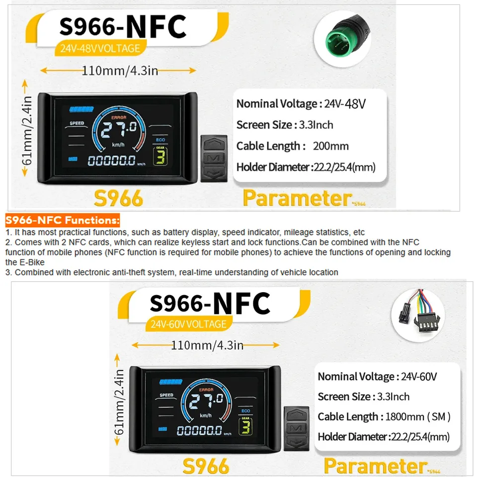 S966 LCD Color Display Instrument UART2 Protocol 24V 36V 48V-72V Electric Bicycle/Scooter image 8