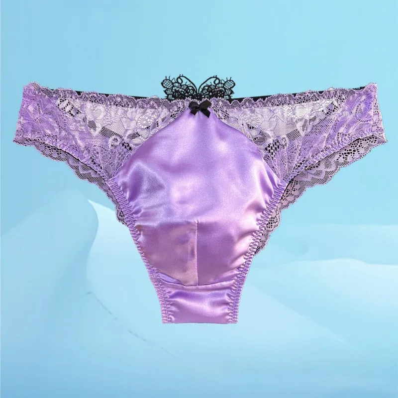 Mulberry Silk Low Waist Men's Thong Convex Pouch Briefs Sexy Lace See Through Bow Sissy T-back G-string Underwear