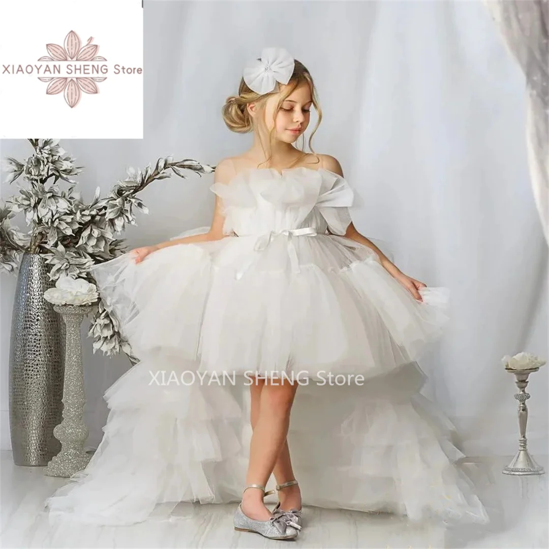 

Ivory Flower Girl Dresses For Wedding Tiered Puffy Tulle with Detachable Train Kids First Communion Ball Gowns