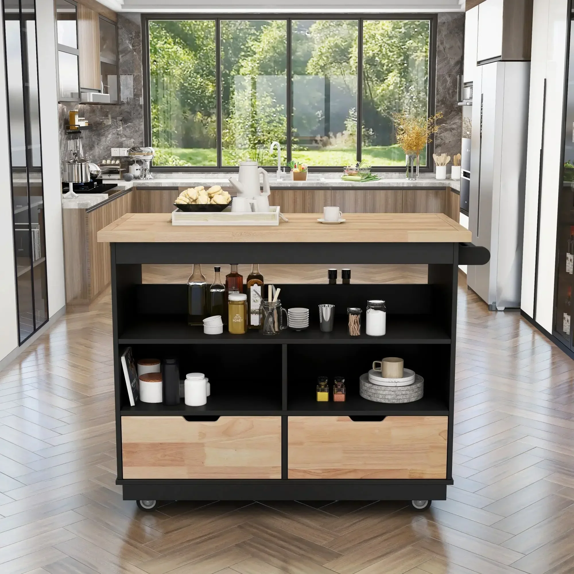 Rolling mobile kitchen island with side storage, kitchen island cart