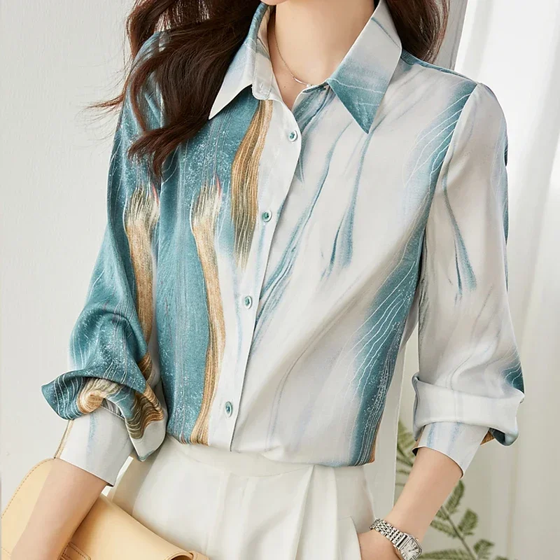 

2024 New Chiffon Summer Women's Blouse Casual Fashion Simplicity Tops Long Sleeved Lapel Printing Splicing Shirt