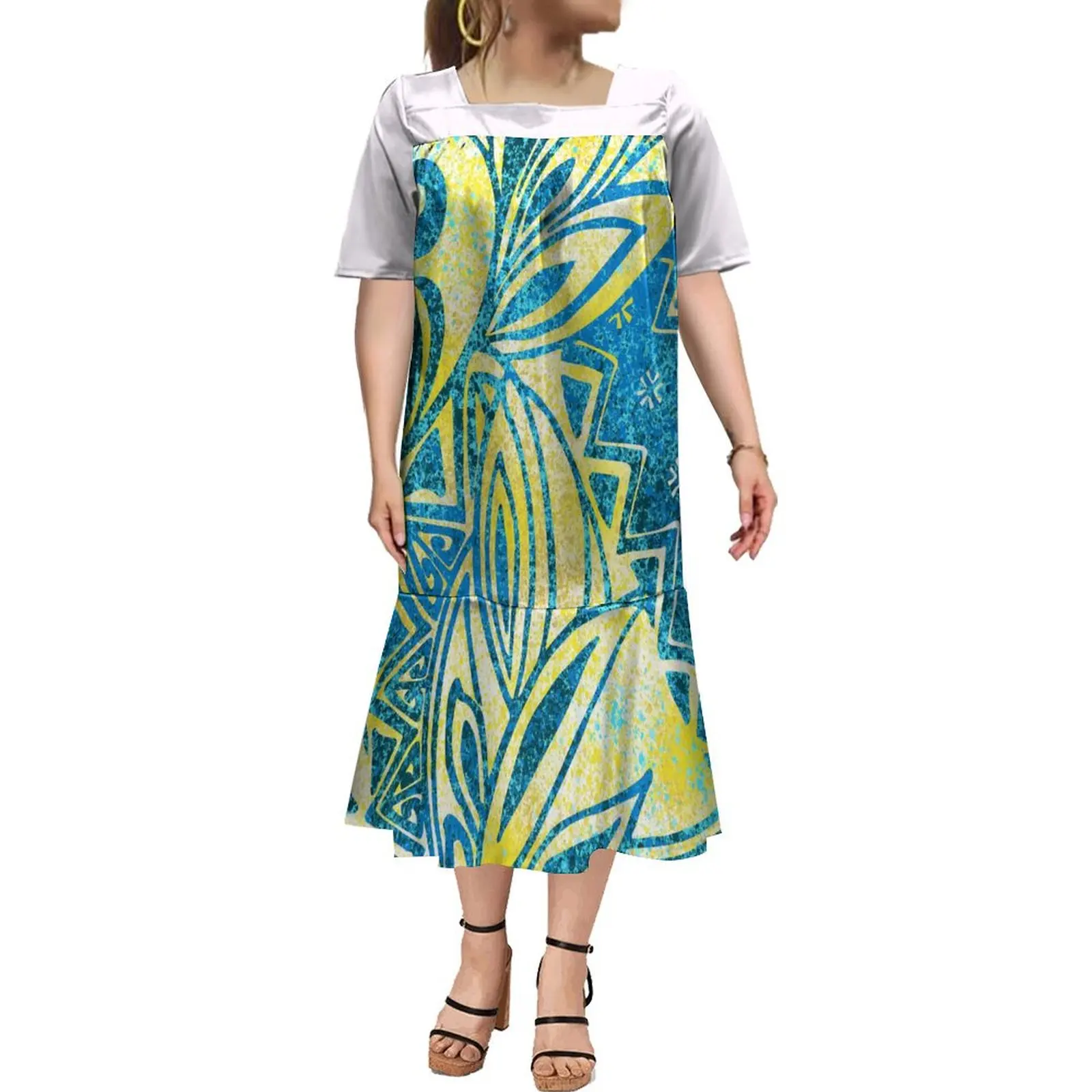 

Женское длинное платье MUMU, Этническая одежда самоанского покроя на заказ, женское летнее платье в полинезийском стиле с квадратным вырезом и коротким рукавом