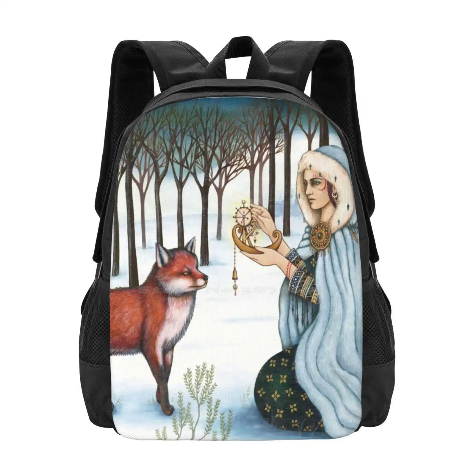 The Gift Of Time To The Red King Pattern Design Bag Student'S Backpack Fox Snow Trees Magic Winter