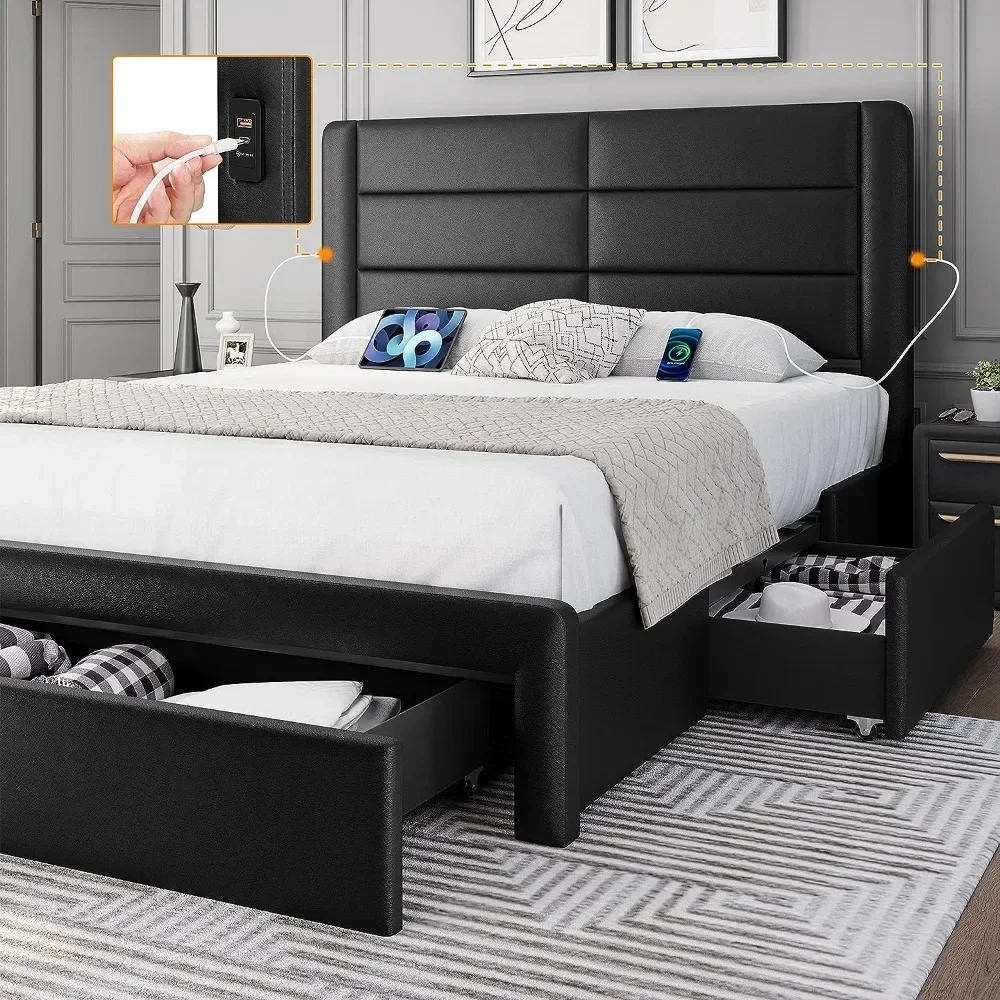 Queen Size Bed Frame with 2USB Charging Station3 Storage Drawer, Leather Upholstered, Wood Slat Support, Queen Bed Frame