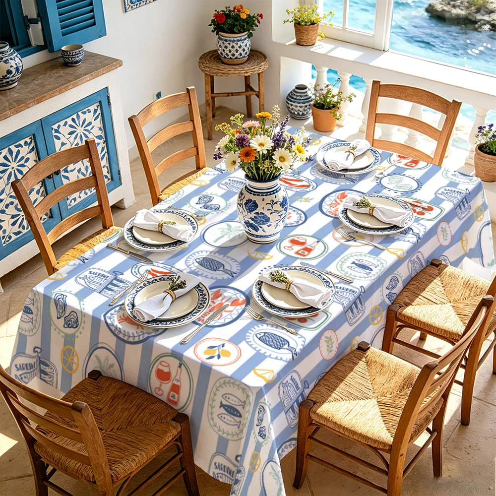 One tablecloth in Mediterranean style with seafood print, made of durable polyester and machine washable