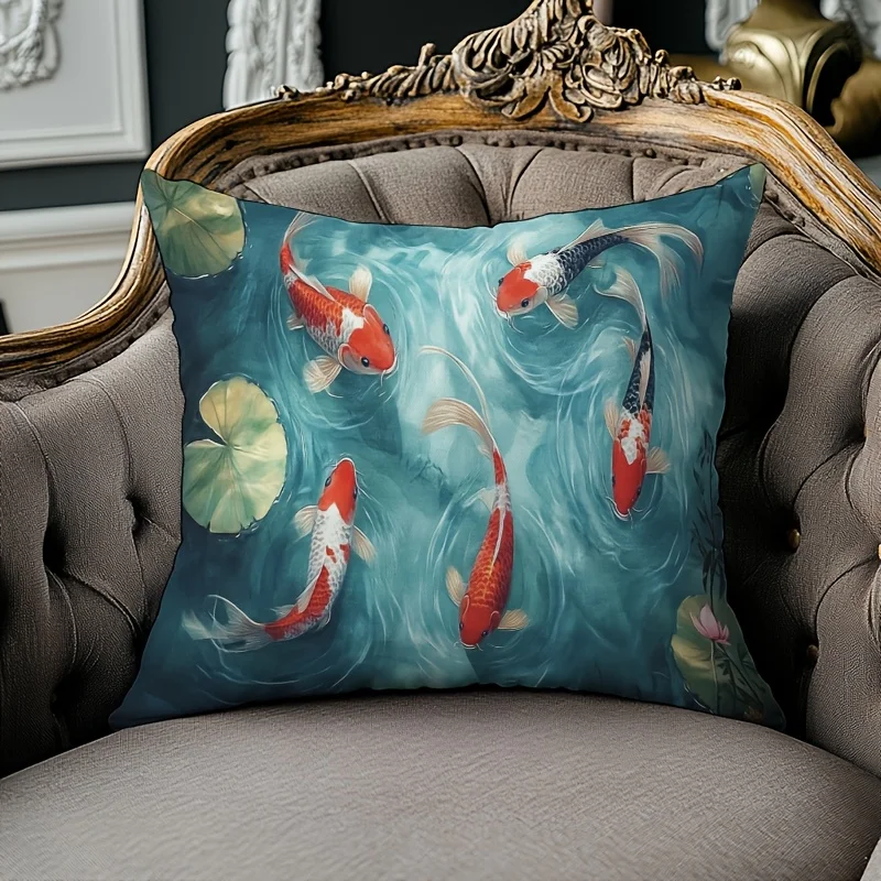 1pc 2D Flat (Pillow Not Included) Koi Fish Lotus Pond Cushion Cover Short Plush Zen Garden Decor Throw Pillow Case