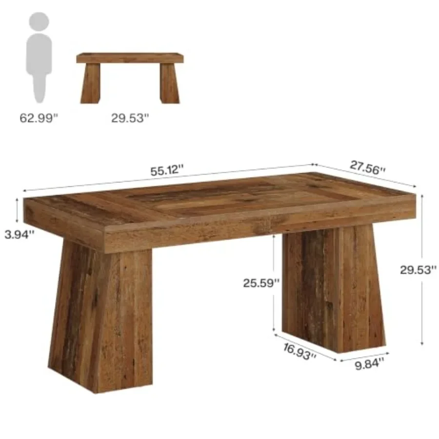 55 Executive Desk for Home Office, Wooden Double Pedestal Desk in Walnut Finish, Modern Simple Design with Spacious Surface and