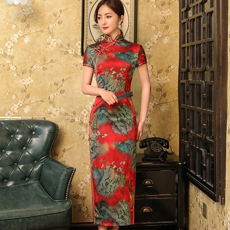 

Women Cheongsam Elegant Print Flower Qipoa Hand Button Satin Split Vintage Long Evening Chinese Vestidso Party Dress