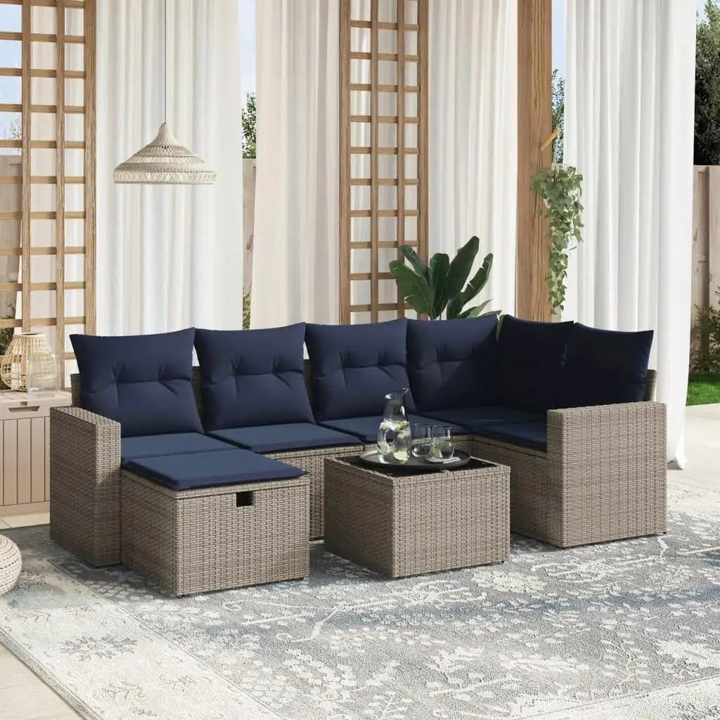 

7 Piece Outdoor Patio Sofa Set Gray Poly Rattan Cushions Comfortable Garden Furniture