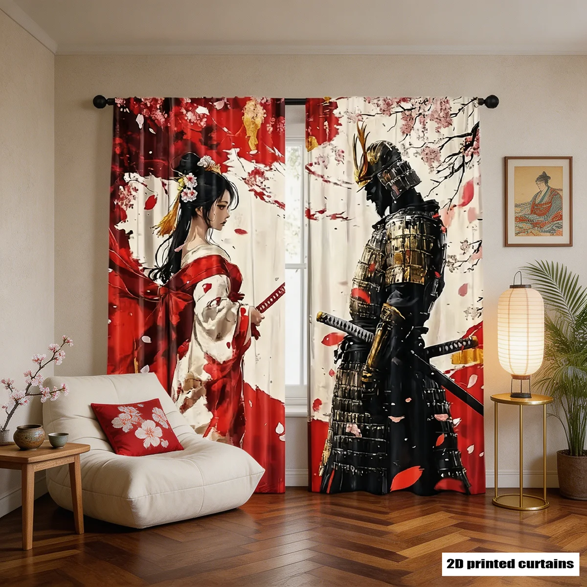 2pcs Japanese Samurai Geisha Printed Curtains, Designed for Light Filtering, Quality Material, Ideal for Japanese-Style Home Win