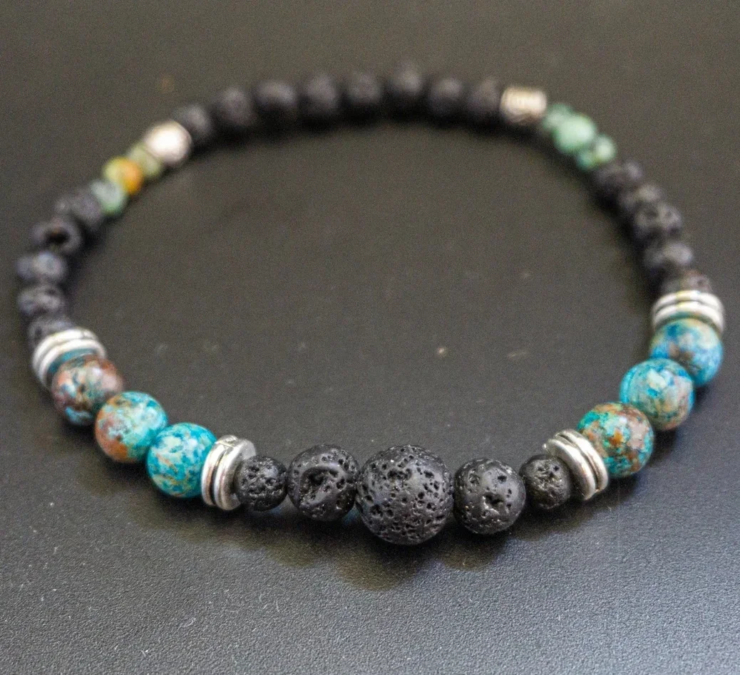 Mens Lava Stone Beaded Black Gemstone And Stainless Steel Waterproof Bracelet