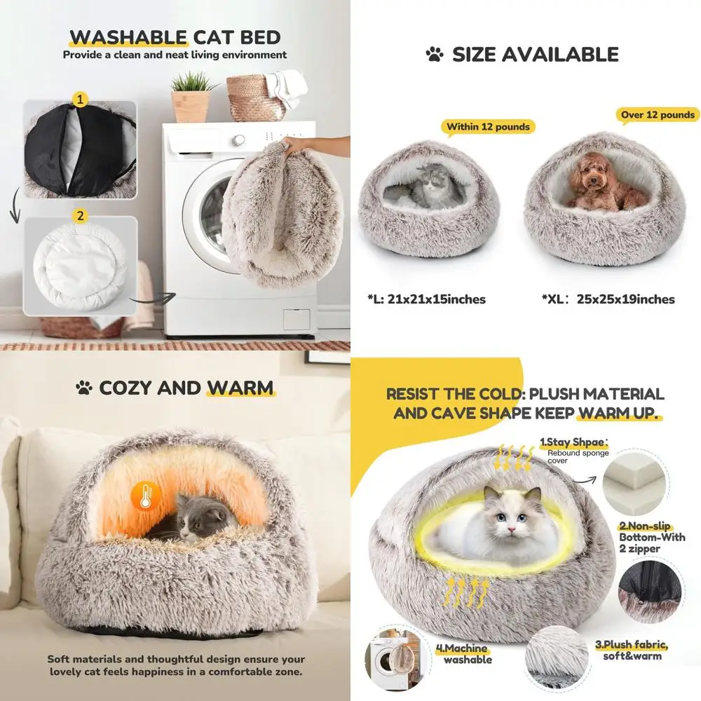 

Comfy Hooded Cat Cave, Nesting Bed for Pets, Self-Warming, Removable Washable Cover, Non-Slip Base