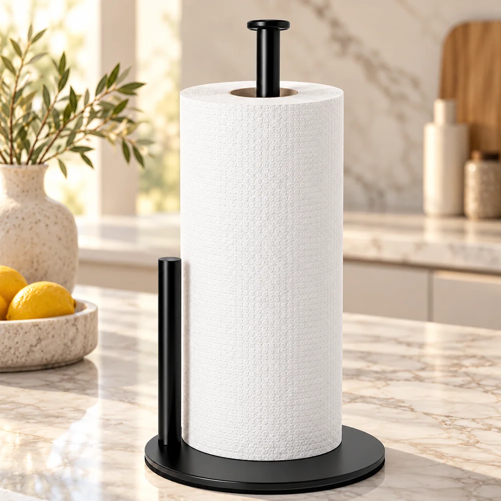Stainless Steel Kitchen Roll Holder with Weighted Base Heavy-Duty Countertop Organizer, Space-Saving Design for Paper Towels