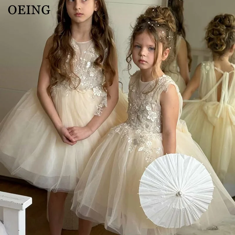 OEING Elegant Ivory Flower Girl Dresses A-Line Draped Appliques Midi Wedding Party Dress Princess Birthday Dress Customized