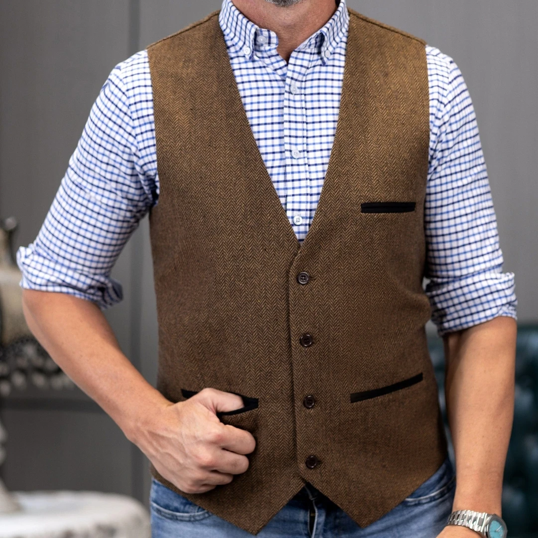 

Мужской жилет, коричневый, с v-образным вырезом, на одной пуговице, тройной повседневный деловой жилет для свадебной вечеринки, банкета, выпускного вечера, работы, мужской костюм, жилет