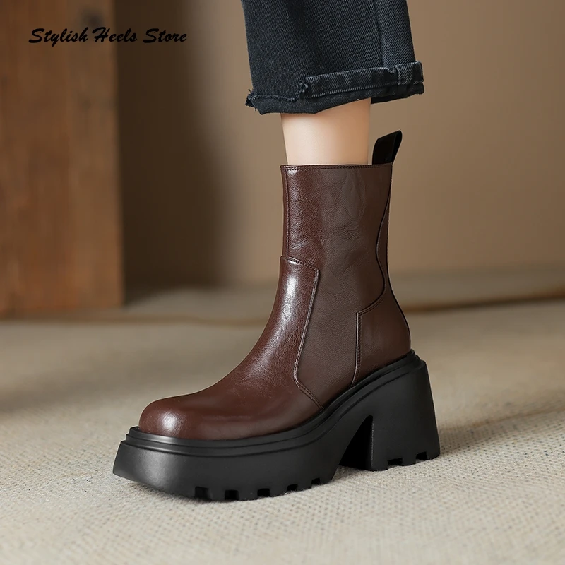 British Style Square Toe Leather Ankle Boots Women Wine Black Block Heel Luxury Shoes Hight Increasing Side Zip Comfy Boots