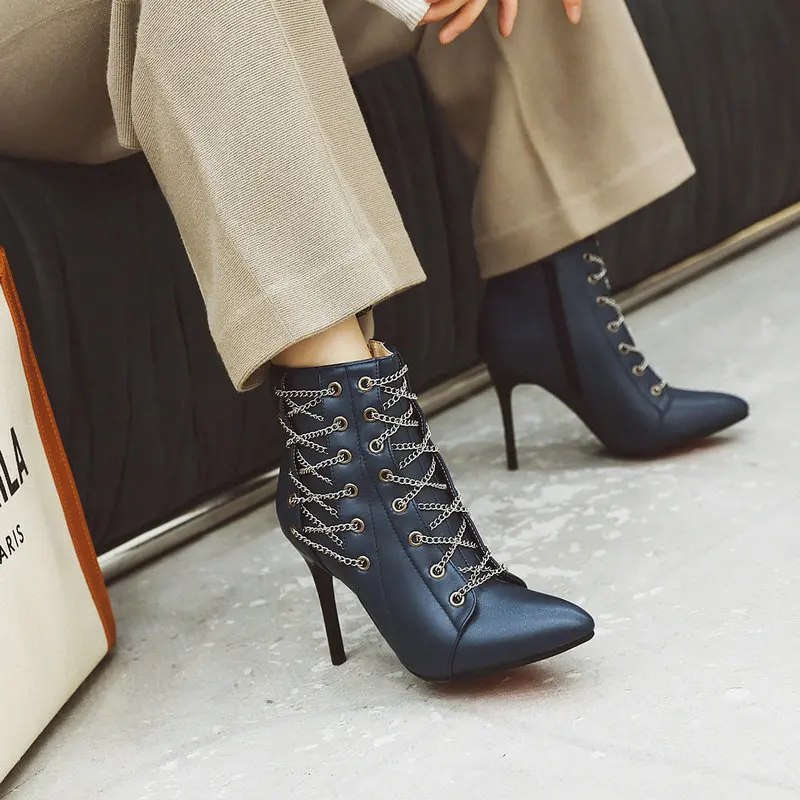 Women Ankle Boots 2024 Autumn Winter Stiletto Booties Cross Chain Decorate Thin High Heels PU Leather Size 34-50 Fashion Pumps