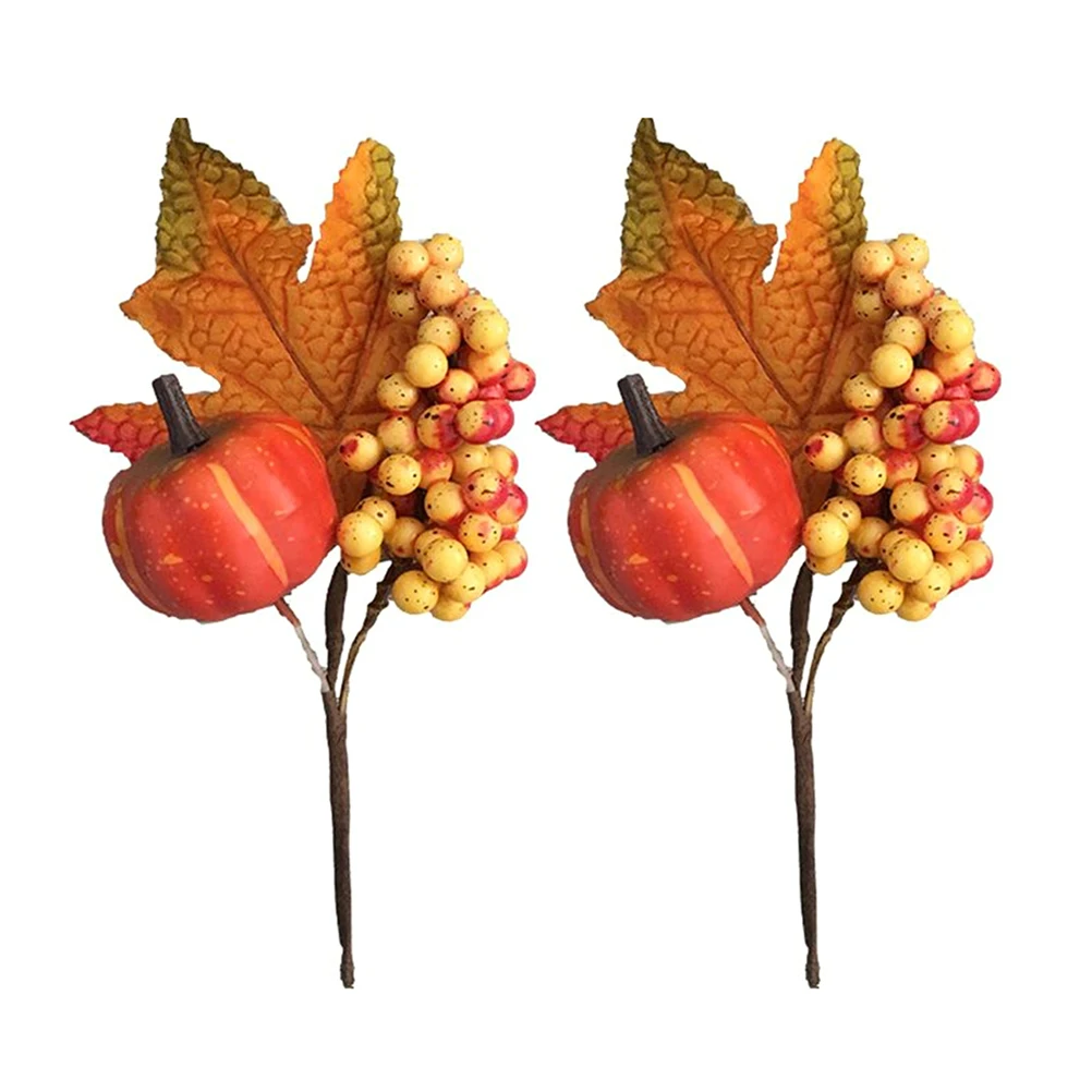 

2pcs PumpkinFlower Arrangement Handmade Home Office Harvest Festival Berry Branch Decoration Artificial Plants